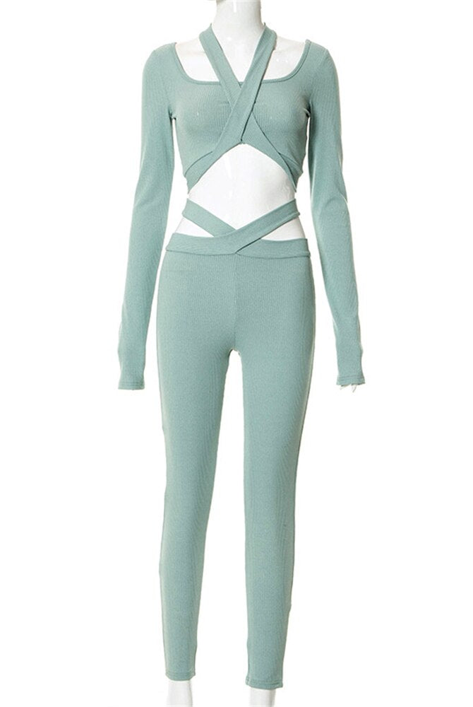 Ashore Shop Long Sleeve Active Sets Bandage Two Piece Sets Club Outfit For Women 2022