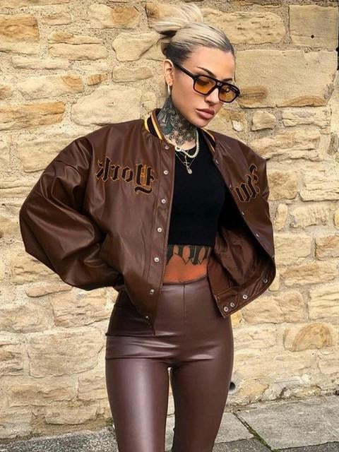 Womens 2023 Letter Embroidery PU Leather Baseball Jackets