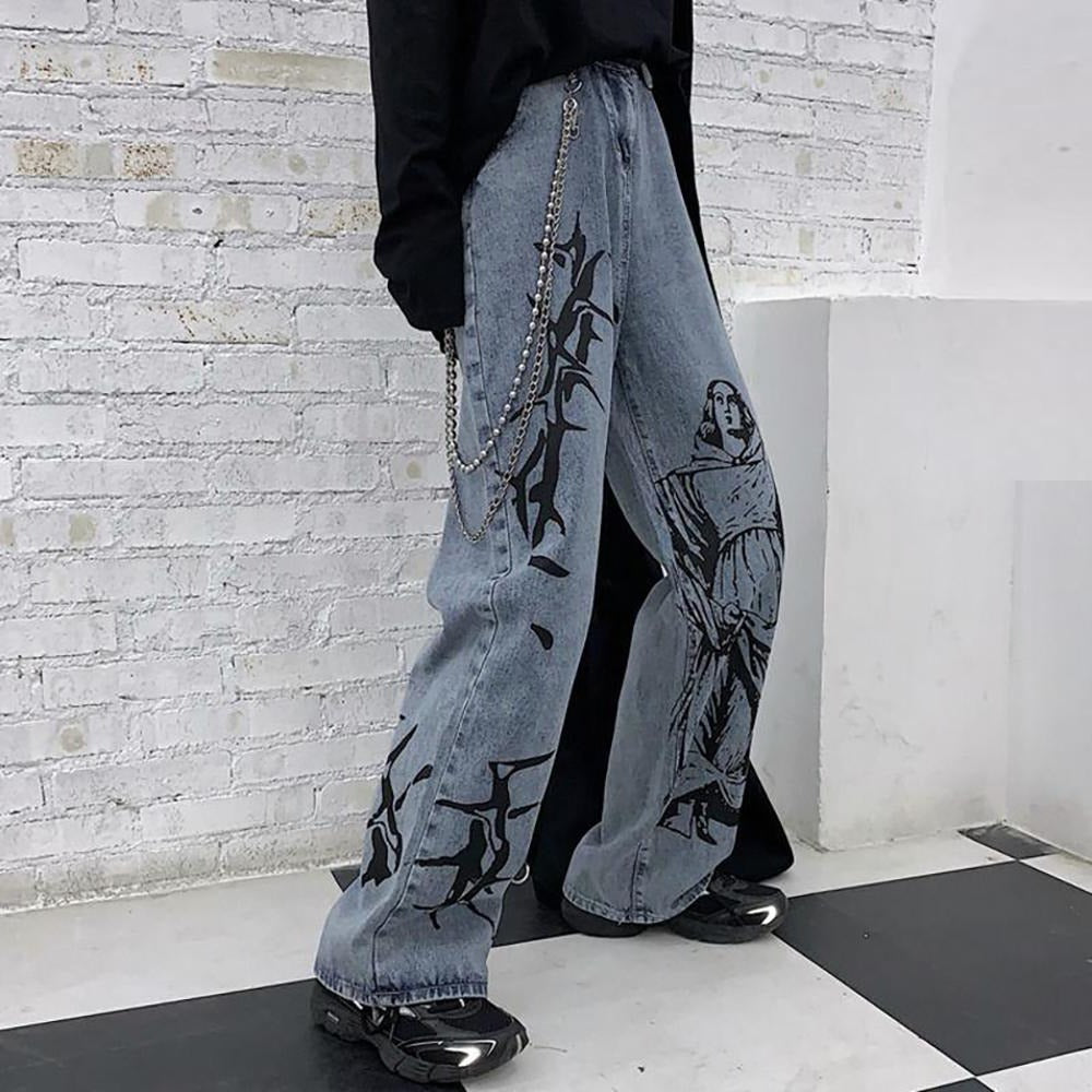 Abstract Print Hip Denim Pants  2021 New Summer Wide Leg  Wash Jeans