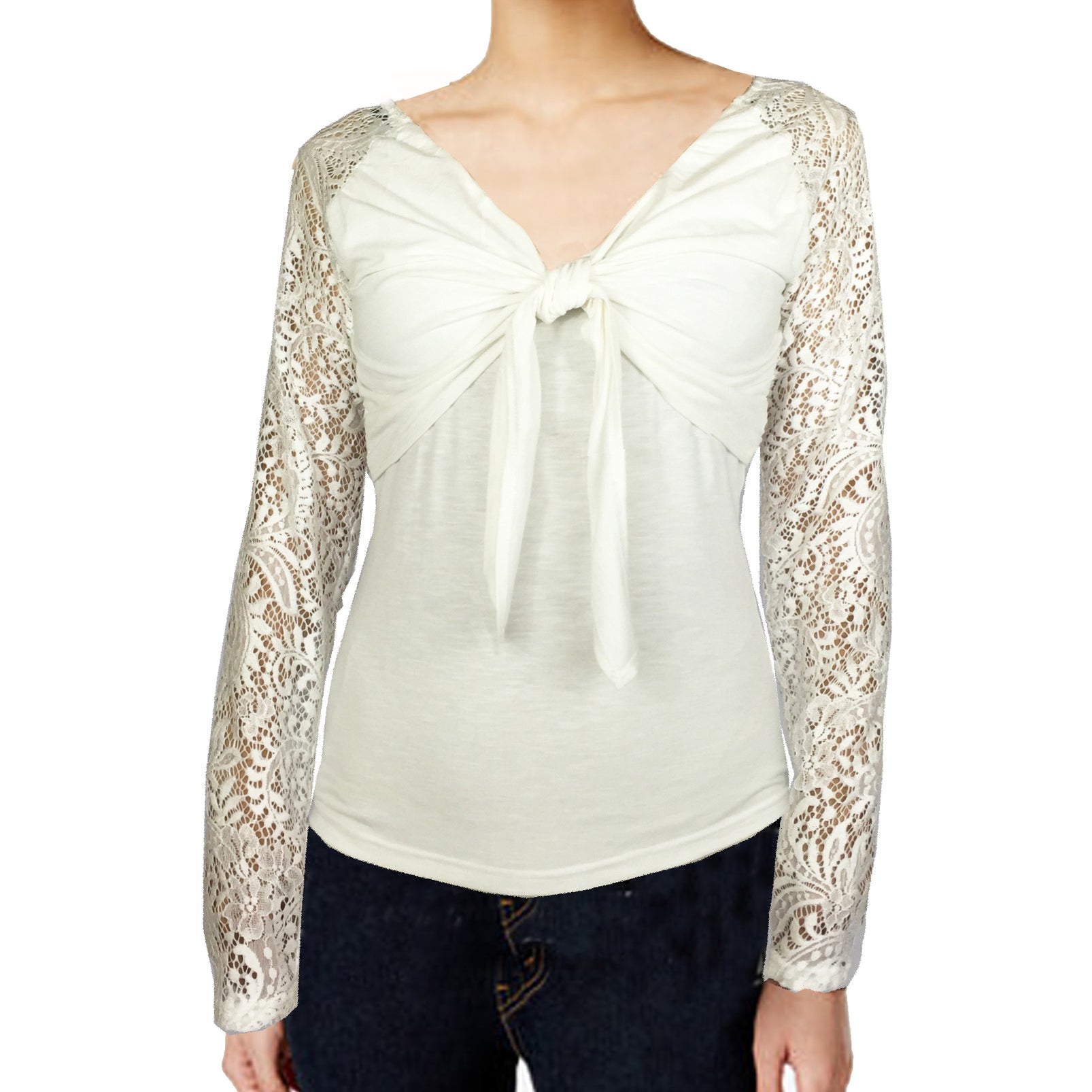 ASHORE WOMENS BOW TIE STRETCH LACE BLOUSE TOPS