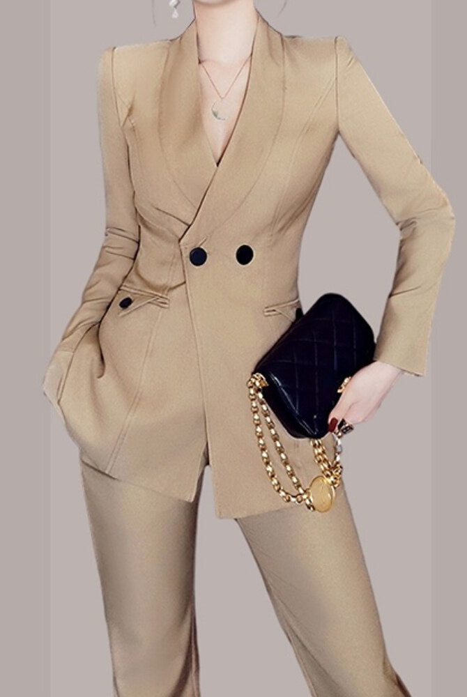 Women Business Pantsuit Formal Double Breasted Blazer Jacket and Long Pants 2 Pieces Set Female Outerwear Outfits