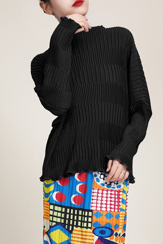 ASHORE SHOP: Long Sleeve Pleated T-shirts For Women Stand Collar Loose Fit Solid Color Female Casual Top Clothing Spring New