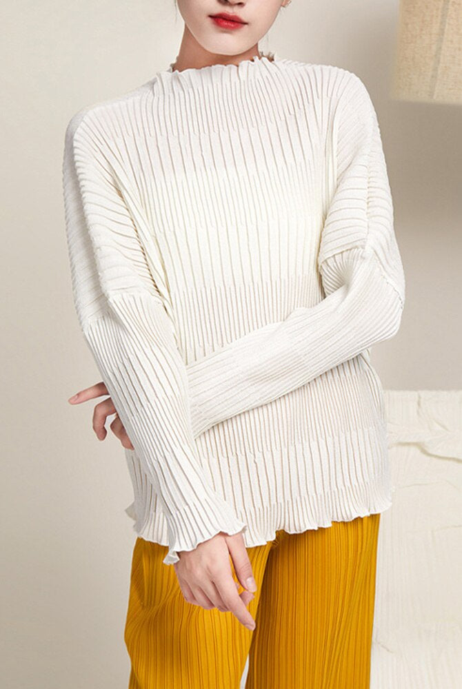 ASHORE SHOP: Long Sleeve Pleated T-shirts For Women Stand Collar Loose Fit Solid Color Female Casual Top Clothing Spring New