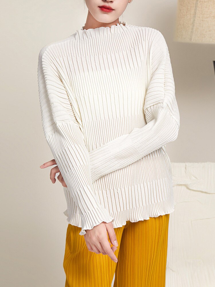 ASHORE SHOP: Long Sleeve Pleated T-shirts For Women Stand Collar Loose Fit Solid Color Female Casual Top Clothing Spring New