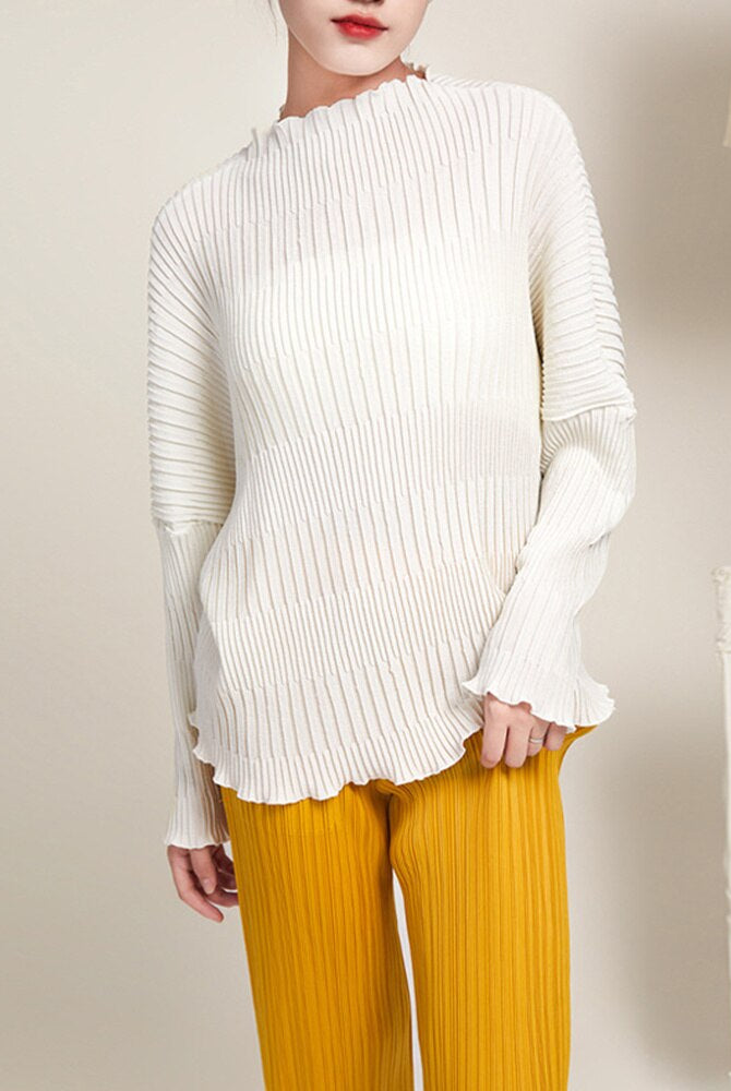 ASHORE SHOP: Long Sleeve Pleated T-shirts For Women Stand Collar Loose Fit Solid Color Female Casual Top Clothing Spring New