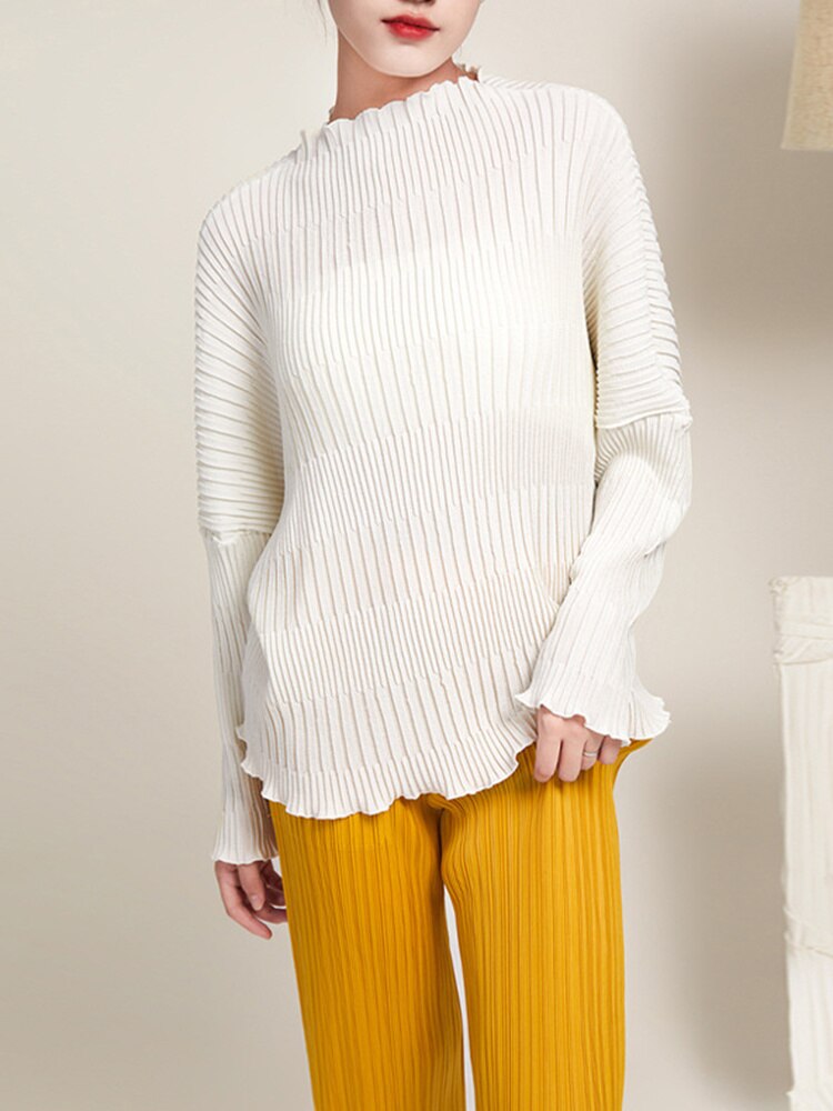 ASHORE SHOP: Long Sleeve Pleated T-shirts For Women Stand Collar Loose Fit Solid Color Female Casual Top Clothing Spring New