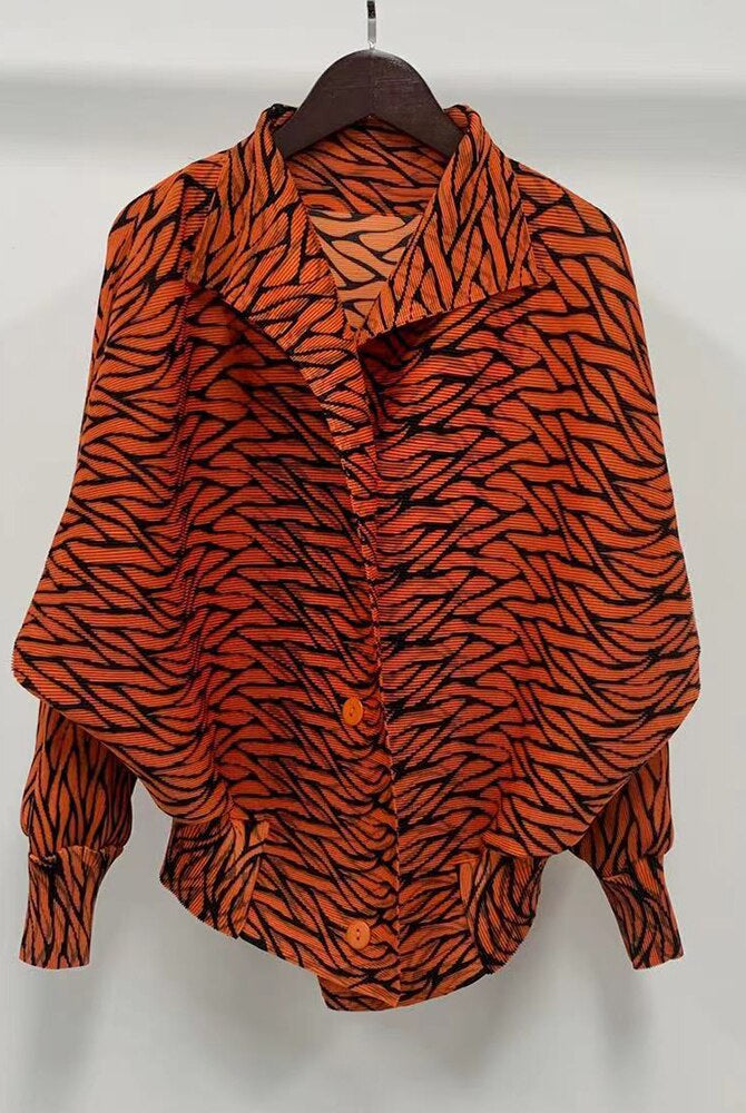 ASHORE Ripple Stretch: Print Pleated Shirts For Women Turn-down Collar Long Sleeves Single Breasted Tops Female Vintage Clothes Spring