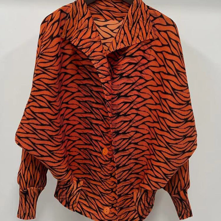 ASHORE Ripple Stretch: Print Pleated Shirts For Women Turn-down Collar Long Sleeves Single Breasted Tops Female Vintage Clothes Spring