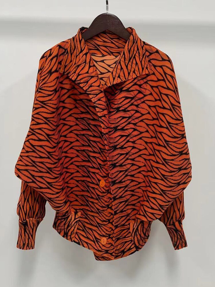 ASHORE Ripple Stretch: Print Pleated Shirts For Women Turn-down Collar Long Sleeves Single Breasted Tops Female Vintage Clothes Spring