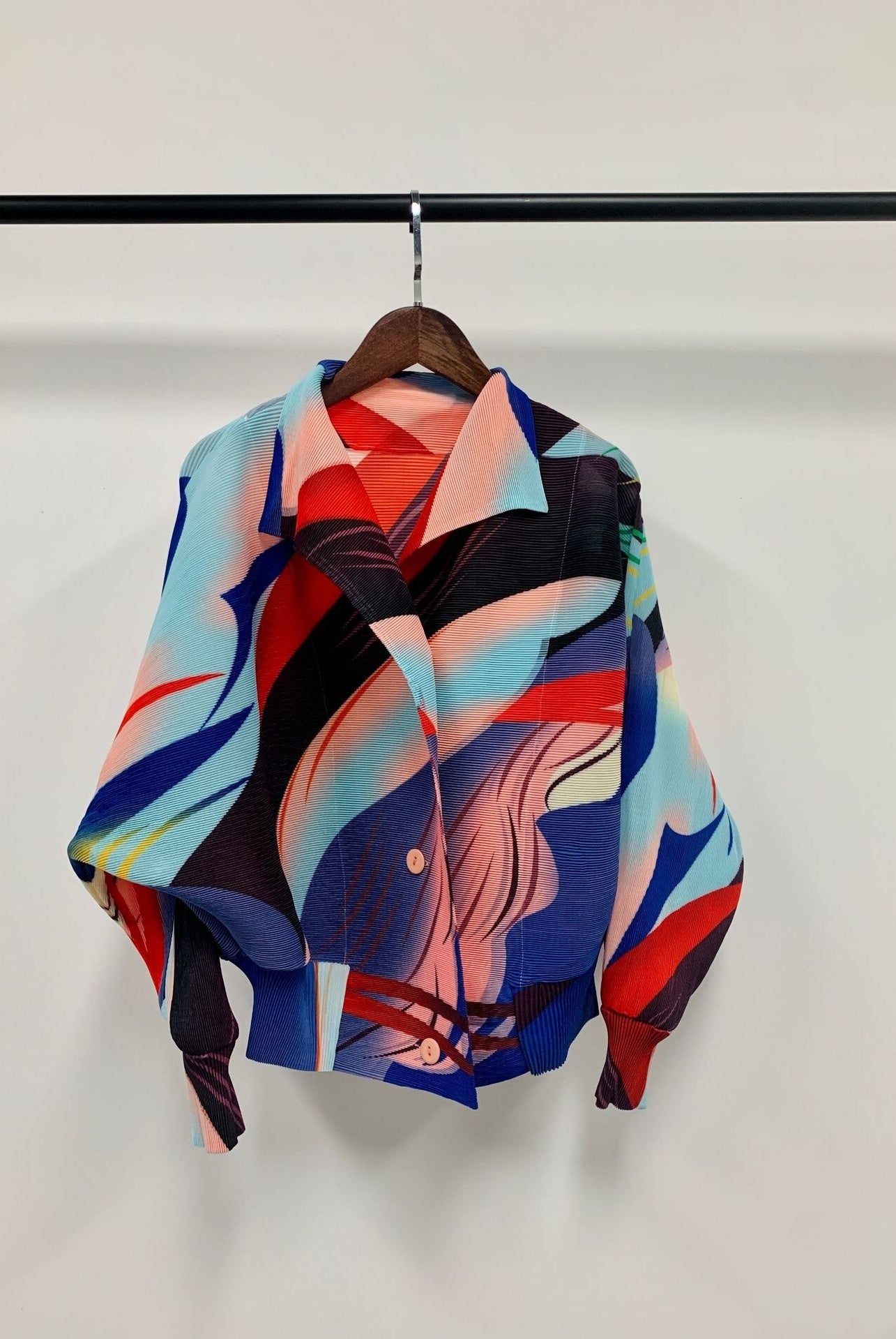 ASHORE Ripple Stretch: Print Pleated Shirts For Women Turn-down Collar Long Sleeves Single Breasted Tops Female Vintage Clothes Spring