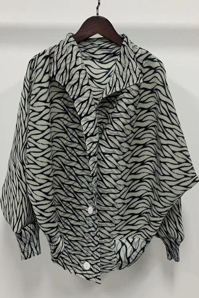 ASHORE Ripple Stretch: Print Pleated Shirts For Women Turn-down Collar Long Sleeves Single Breasted Tops Female Vintage Clothes Spring