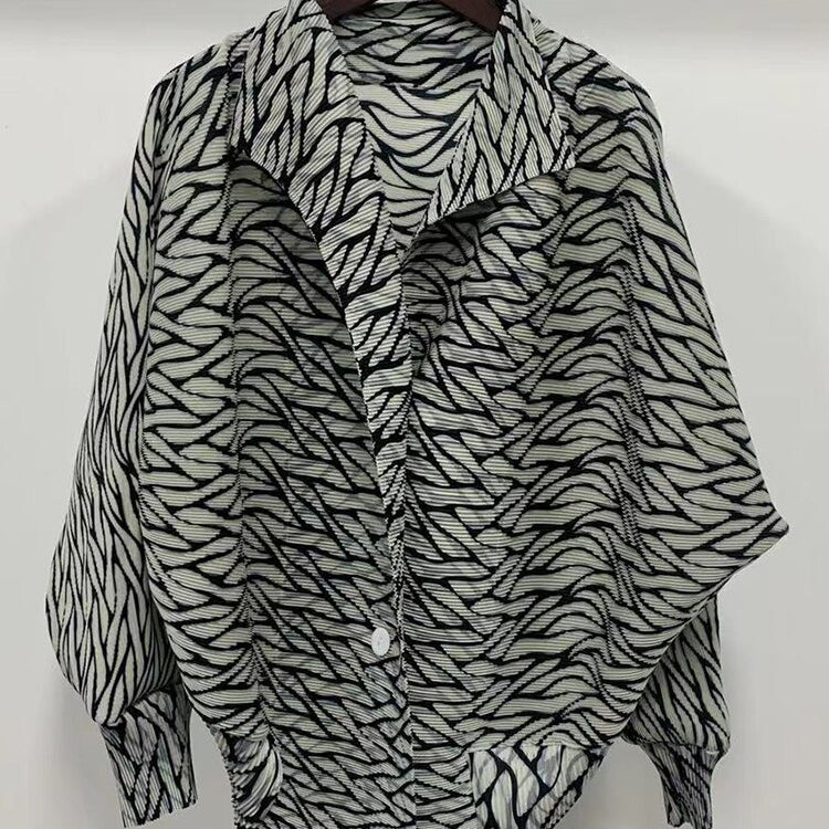 ASHORE Ripple Stretch: Print Pleated Shirts For Women Turn-down Collar Long Sleeves Single Breasted Tops Female Vintage Clothes Spring
