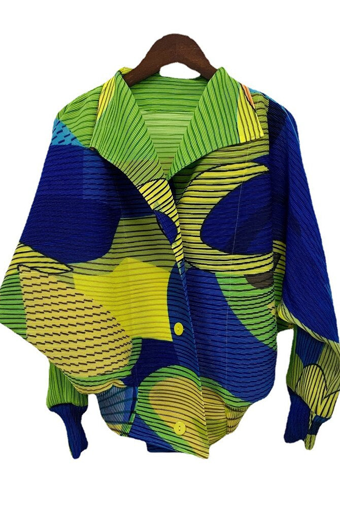 ASHORE Ripple Stretch: Print Pleated Shirts For Women Turn-down Collar Long Sleeves Single Breasted Tops Female Vintage Clothes Spring