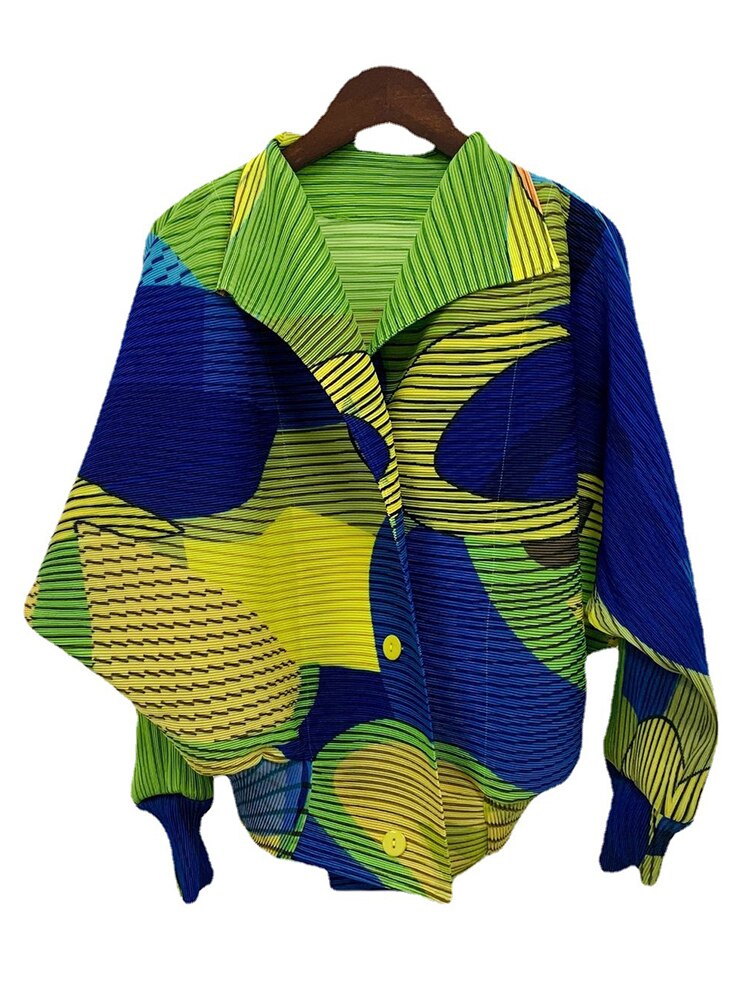 ASHORE Ripple Stretch: Print Pleated Shirts For Women Turn-down Collar Long Sleeves Single Breasted Tops Female Vintage Clothes Spring