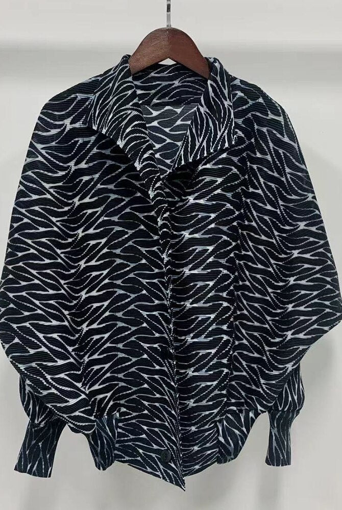 ASHORE Ripple Stretch: Print Pleated Shirts For Women Turn-down Collar Long Sleeves Single Breasted Tops Female Vintage Clothes Spring