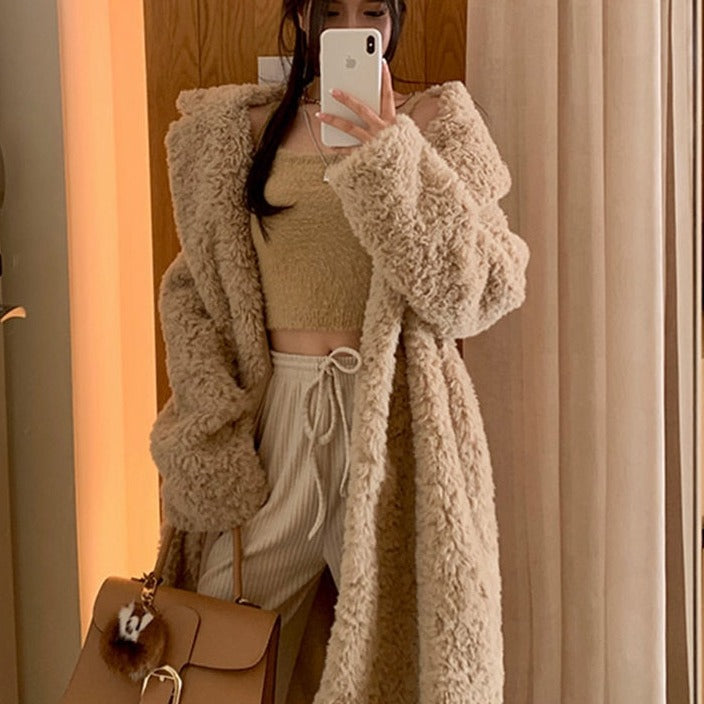 Winter Sheep Fur Long Oversized Shaggy Fuzzy Warm Thick Fluffy Faux Fur Coat Women