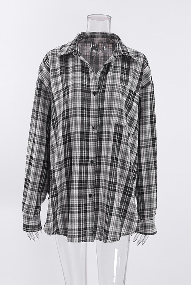 ASHORE SHOP Patchwork Black And White Plaid Shirts Women Pocket Gingham Blouse Casual Loose Long Sleeve Print Tops Spring Shirts