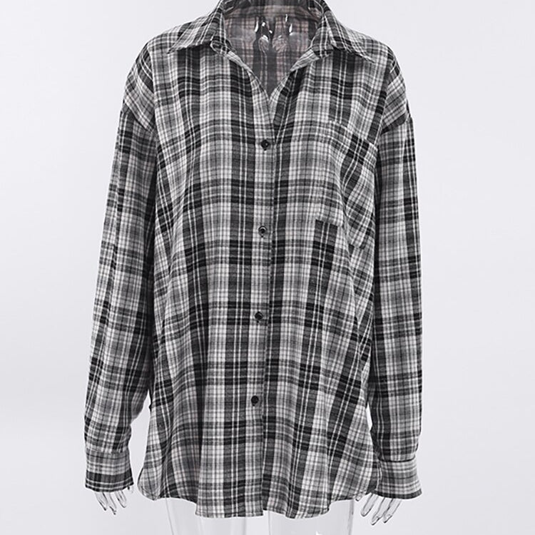 ASHORE SHOP Patchwork Black And White Plaid Shirts Women Pocket Gingham Blouse Casual Loose Long Sleeve Print Tops Spring Shirts
