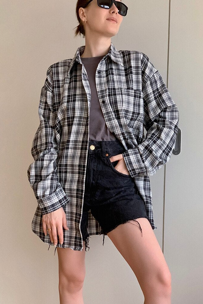 ASHORE SHOP Patchwork Black And White Plaid Shirts Women Pocket Gingham Blouse Casual Loose Long Sleeve Print Tops Spring Shirts