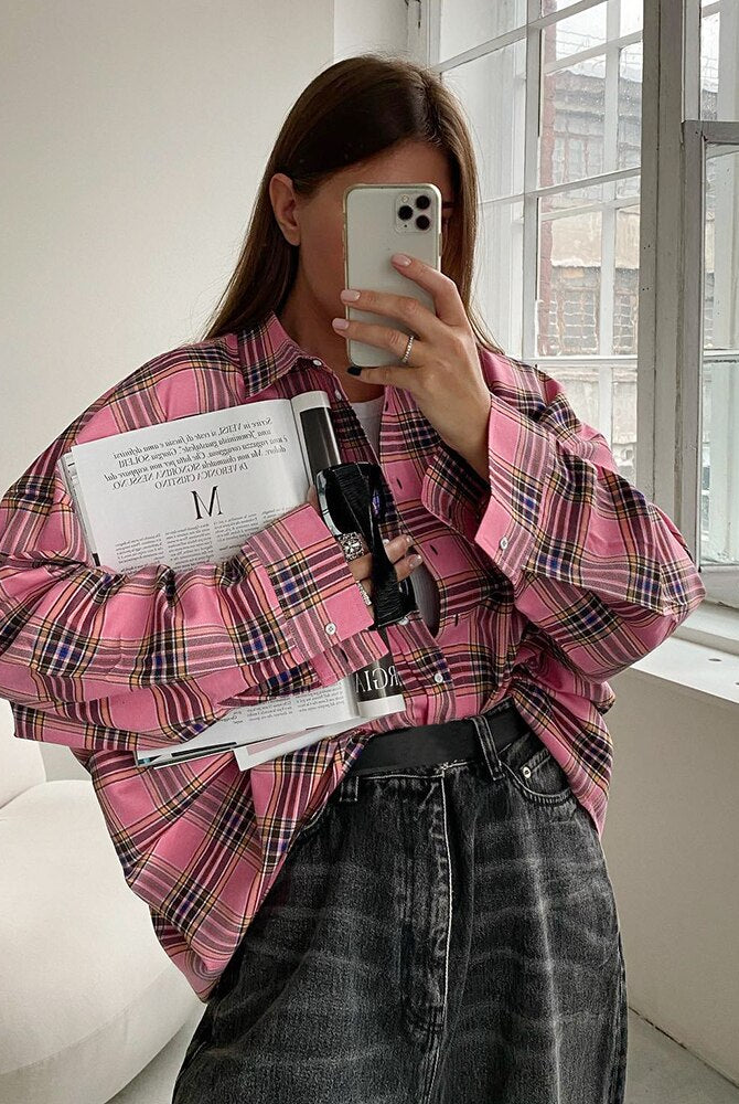 Ashore Shop Loose Pink Plaid Shirts And Tops