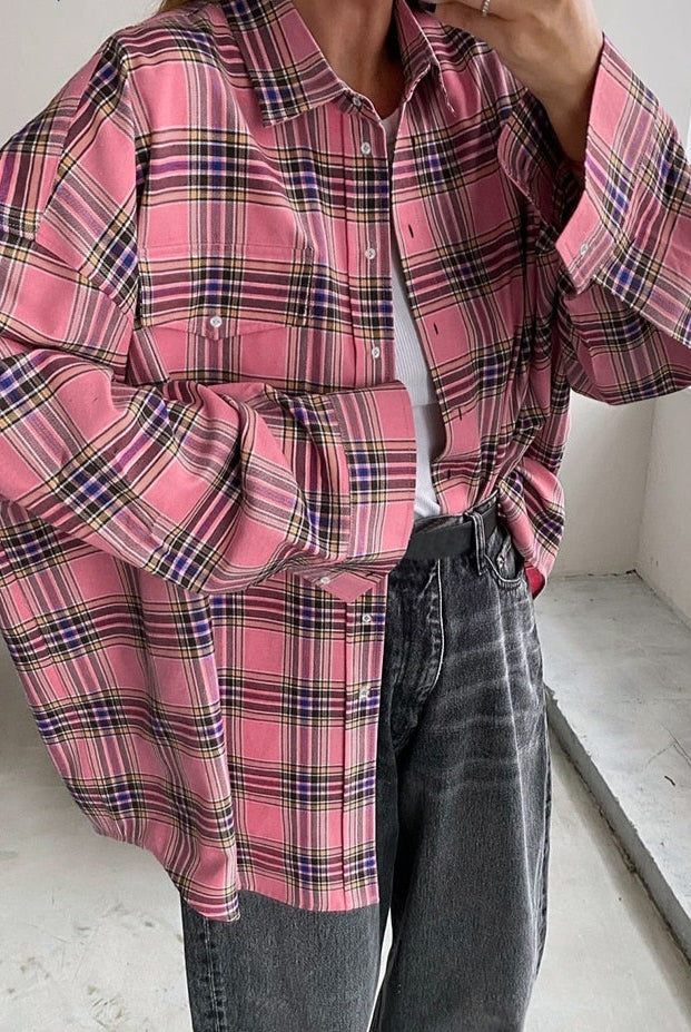 Ashore Shop Loose Pink Plaid Shirts And Tops