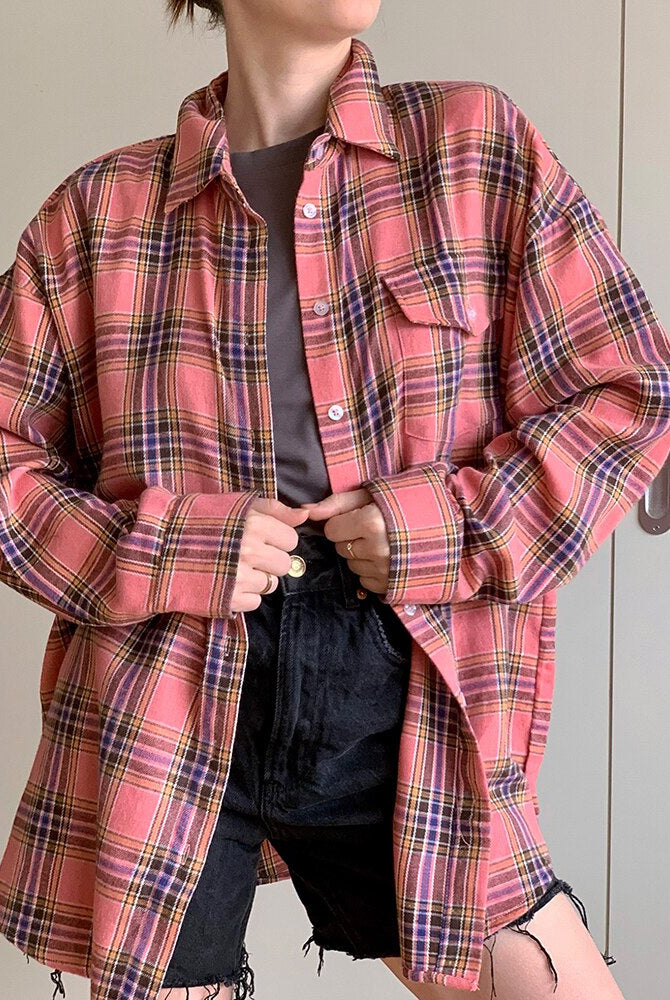 Ashore Shop Loose Pink Plaid Shirts And Tops