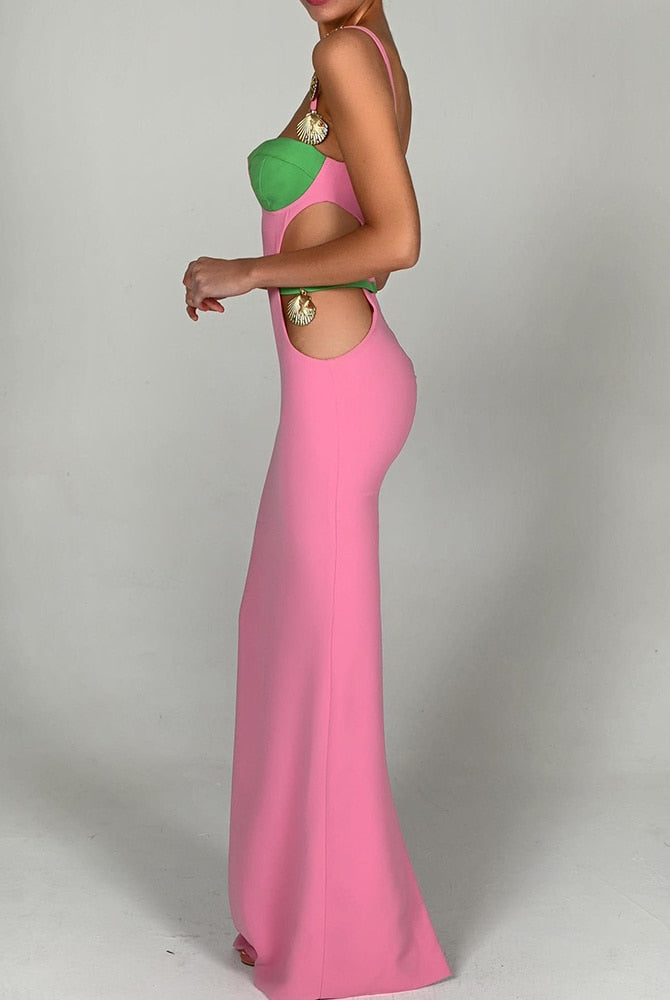 ASHORE Boutique Elegant Patchwork Hollow Out Maxi Dress For Women Robe Fashion New Sleeveless Backless Bodycon Party Long Dress Vestido