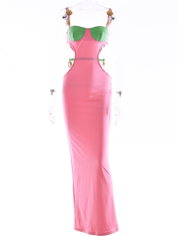 ASHORE Boutique Elegant Patchwork Hollow Out Maxi Dress For Women Robe Fashion New Sleeveless Backless Bodycon Party Long Dress Vestido