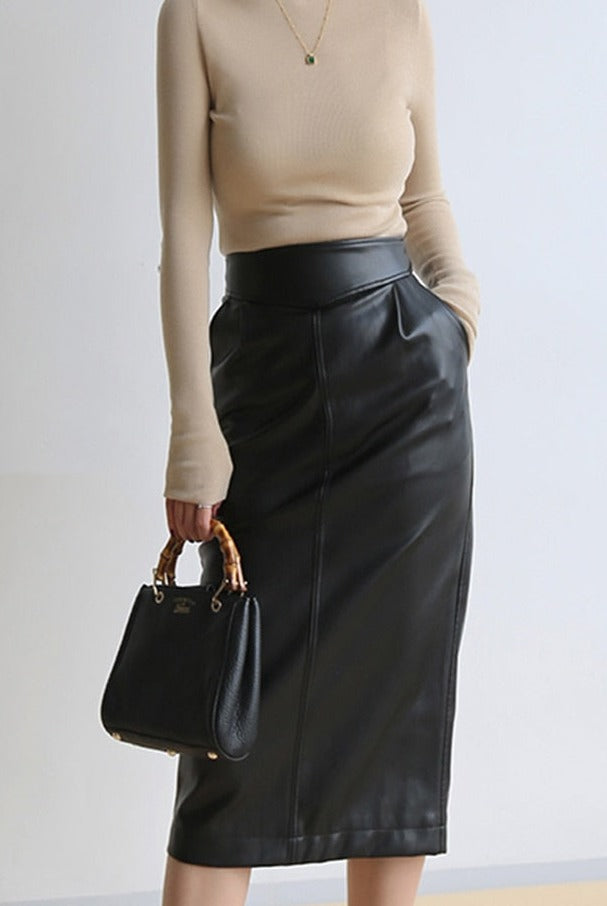 Midi Leather Skirt Women Brown White Black Long High Waisted Pencil Skirts