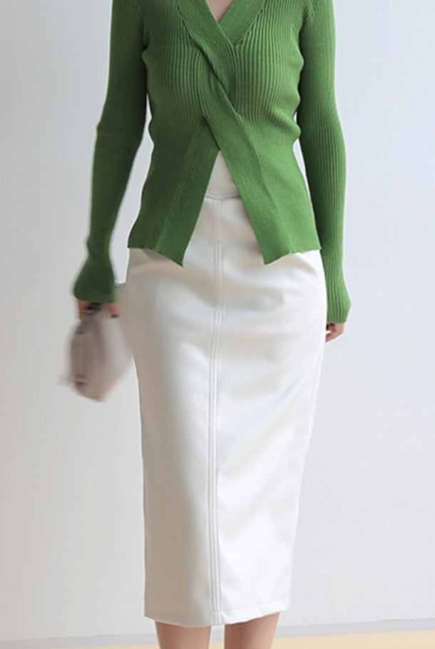 Midi Leather Skirt Women Brown White Black Long High Waisted Pencil Skirts