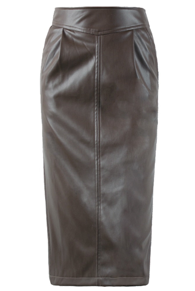 Midi Leather Skirt Women Brown White Black Long High Waisted Pencil Skirts