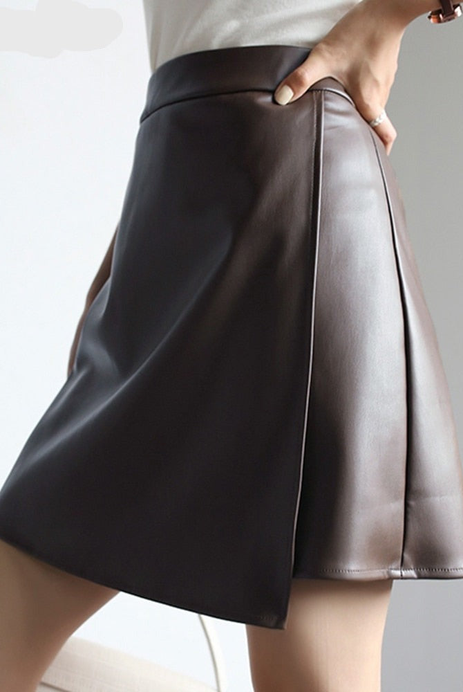 Spring mini Faux Leather skirts for Women 2022 brown short leather skirt