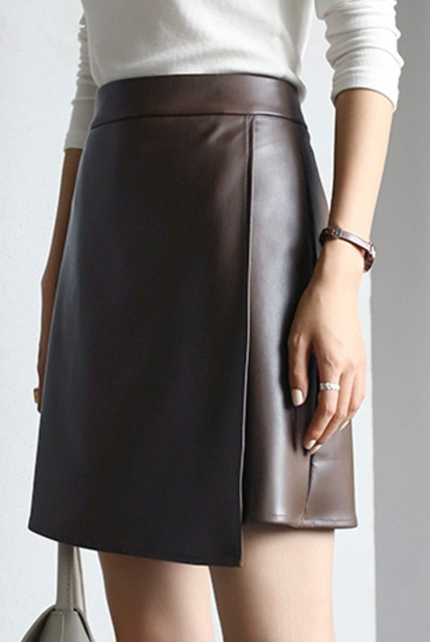 Spring mini Faux Leather skirts for Women 2022 brown short leather skirt