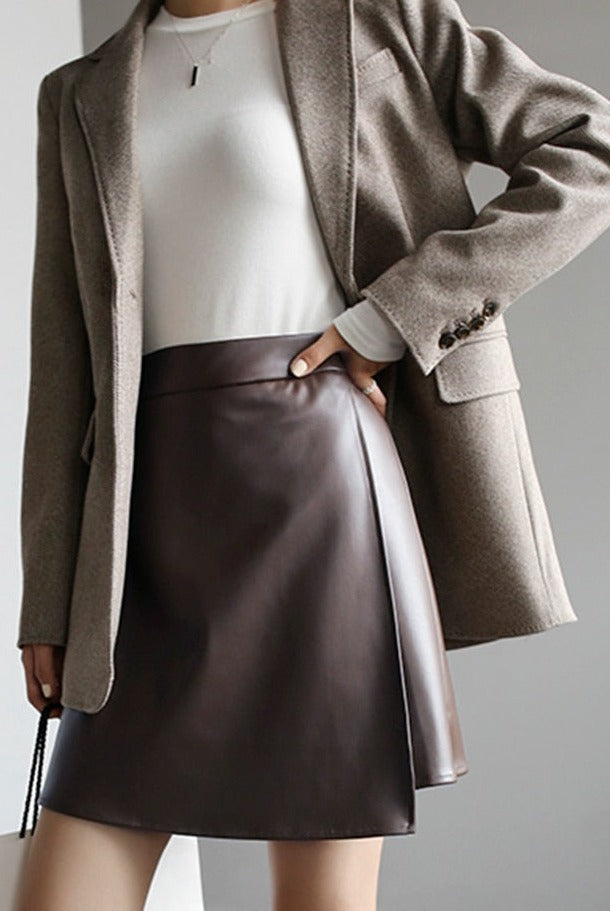 Spring mini Faux Leather skirts for Women 2022 brown short leather skirt