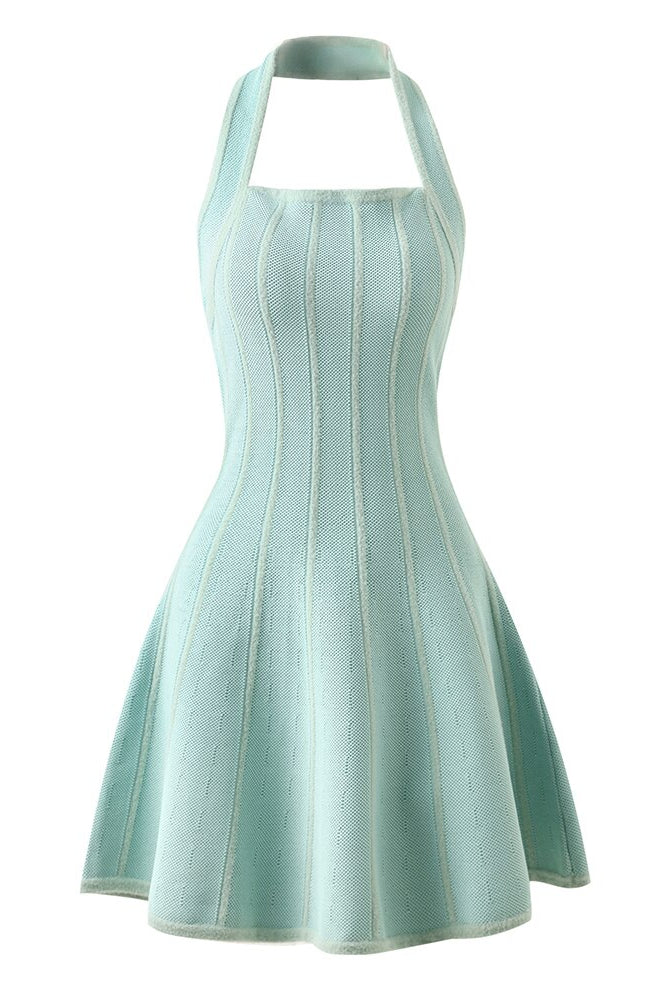 ASHORE Boutique Lt. Luxury Knitted Halter Dress Sea Color Shaped Top Flared Bottom Vintage Dress Newest Summer Unique Hot Women Sexy Party Halter A-line Knitted