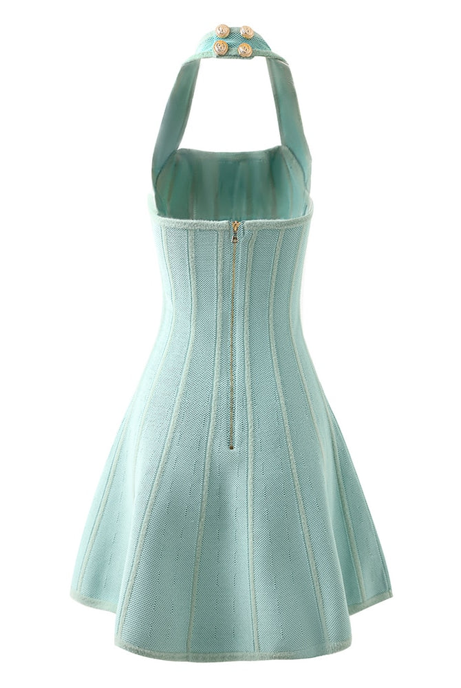 ASHORE Boutique Lt. Luxury Knitted Halter Dress Sea Color Shaped Top Flared Bottom Vintage Dress Newest Summer Unique Hot Women Sexy Party Halter A-line Knitted