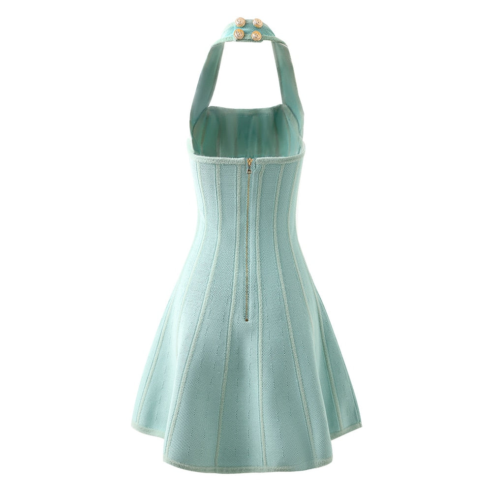 ASHORE Boutique Lt. Luxury Knitted Halter Dress Sea Color Shaped Top Flared Bottom Vintage Dress Newest Summer Unique Hot Women Sexy Party Halter A-line Knitted