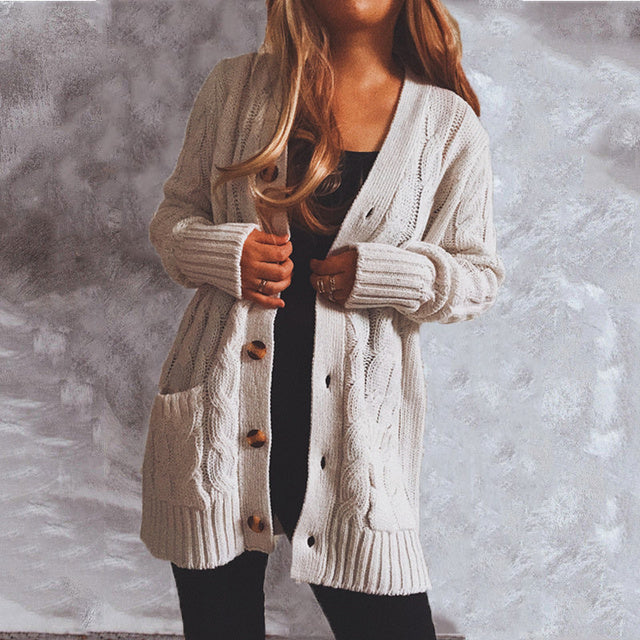 Womens Sweater Cardigans Single Breasted Pockets Knitted Cardigan