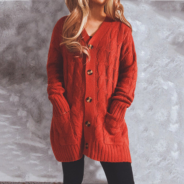 Womens Sweater Cardigans Single Breasted Pockets Knitted Cardigan