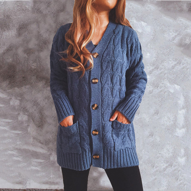 Womens Sweater Cardigans Single Breasted Pockets Knitted Cardigan