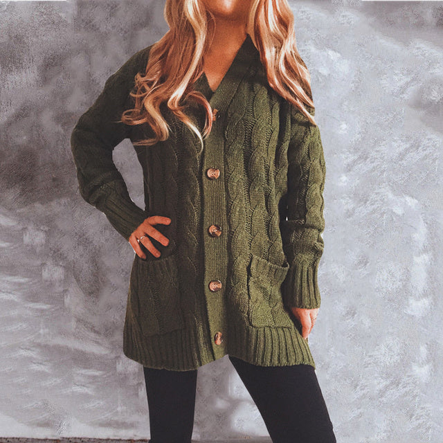 Womens Sweater Cardigans Single Breasted Pockets Knitted Cardigan