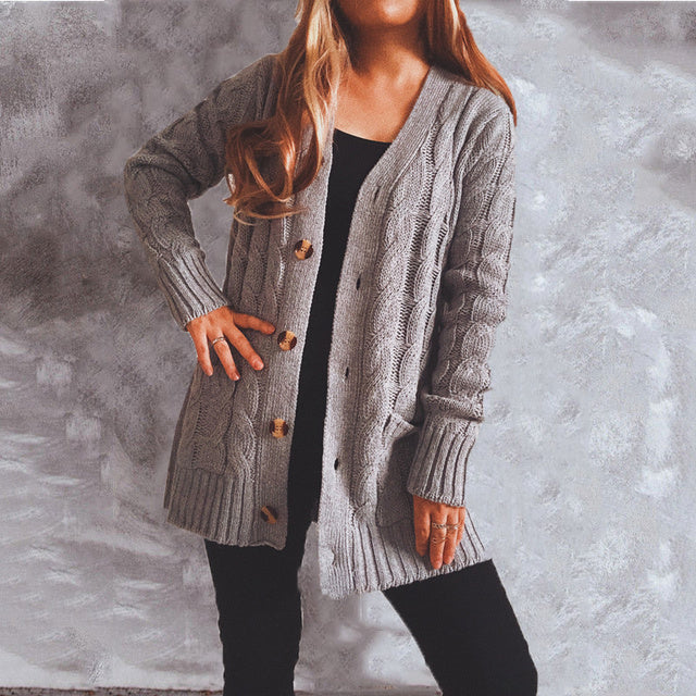 Womens Sweater Cardigans Single Breasted Pockets Knitted Cardigan