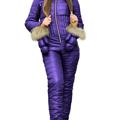 Ashore Shop Women's Ski Jump Suit Windproof and Hooded with Fur