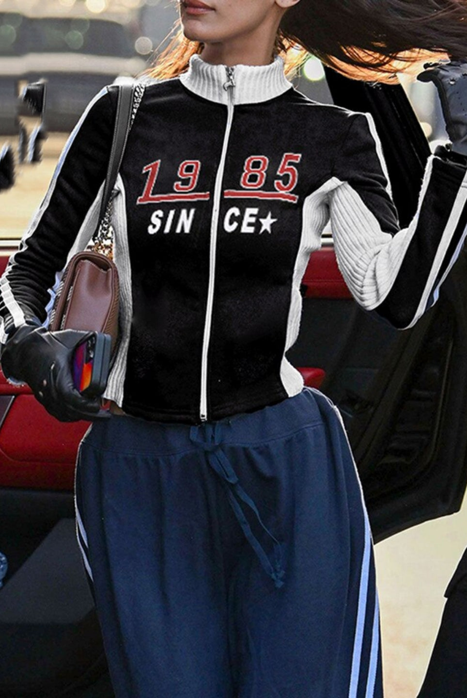 Ashore Shop Zip Up Moto & Biker Racing Jackets Women Techwear Contrast Stitched Patchwork Full Sleeve Crop Jacket