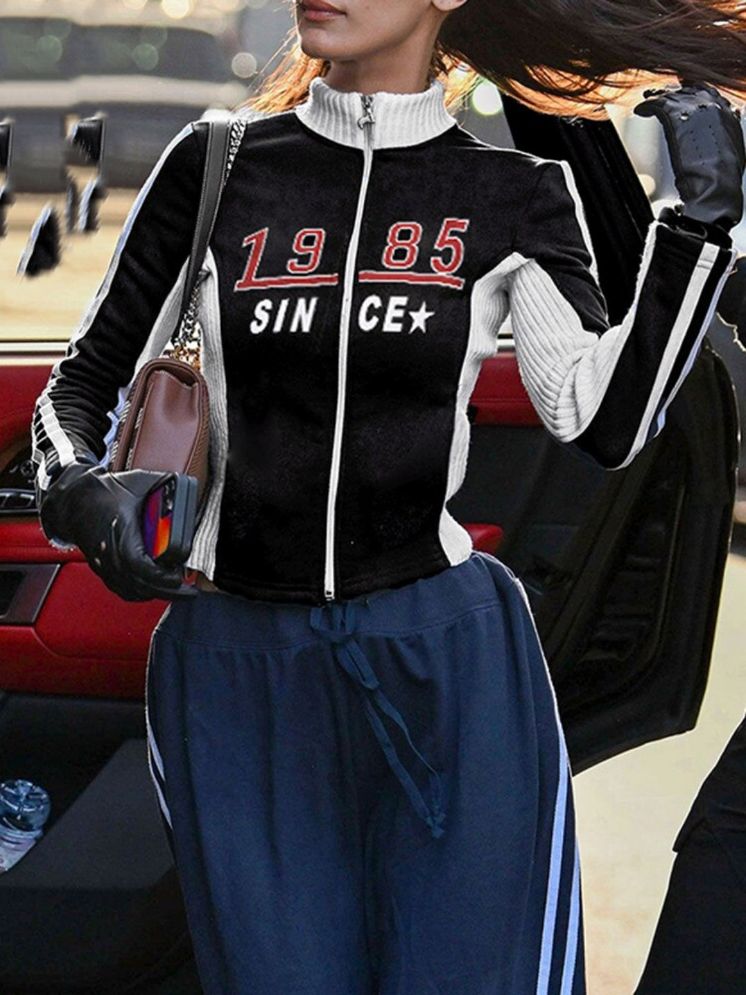 Ashore Shop Zip Up Moto & Biker Racing Jackets Women Techwear Contrast Stitched Patchwork Full Sleeve Crop Jacket