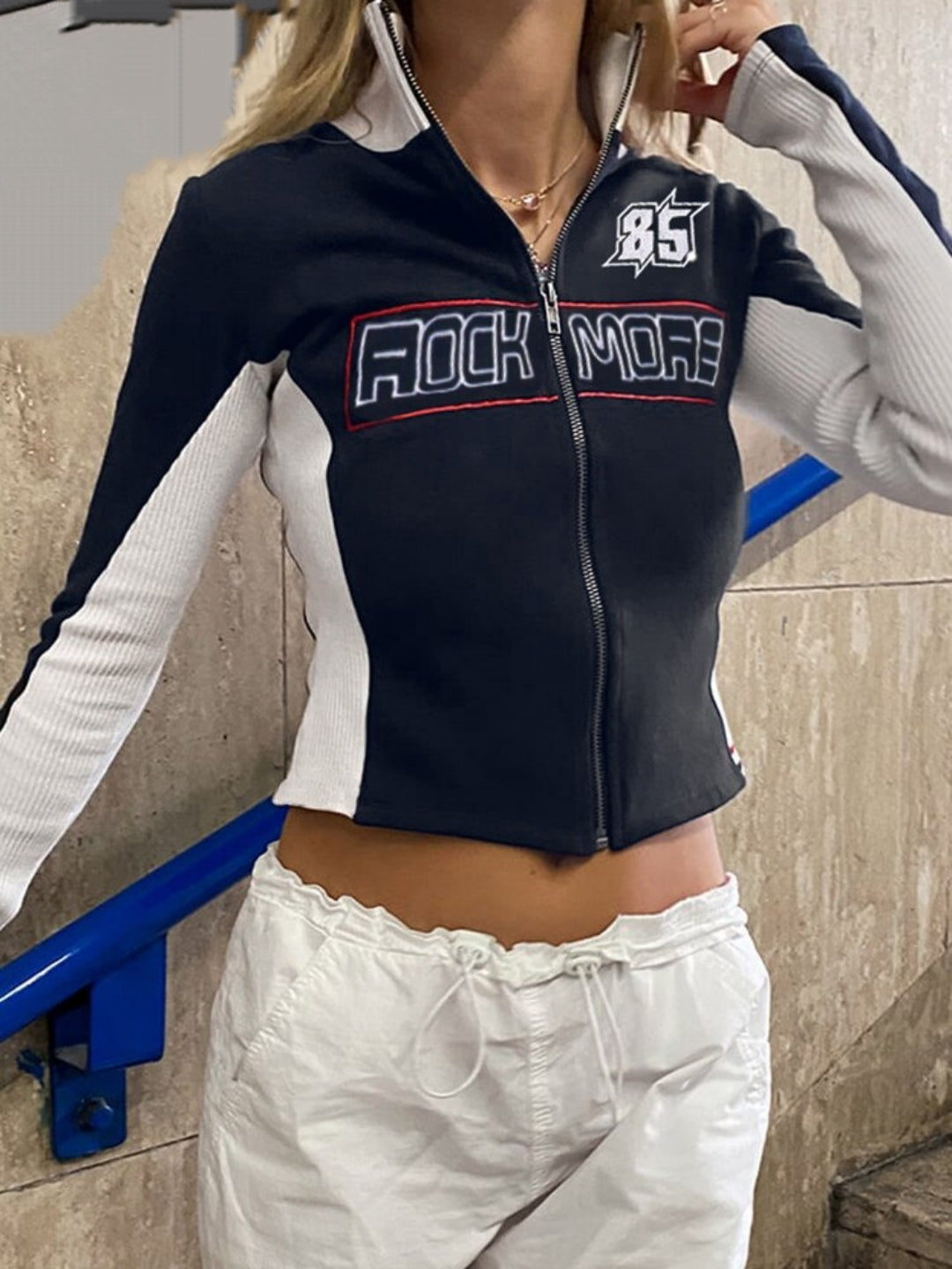 Ashore Shop Zip Up Moto & Biker Racing Jackets Women Techwear Contrast Stitched Patchwork Full Sleeve Crop Jacket