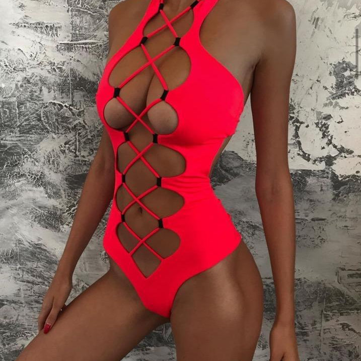 Hollow Out Lace up Swimwear Women 2022 High Neck Solid Cut Out Backless Monokini