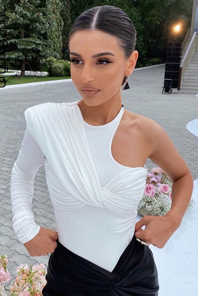 One Shoulder Sexy Backless Twist Bodysuits Women Long Sleeve Top Slim High Waist Bodysuit Club Party Streetwear