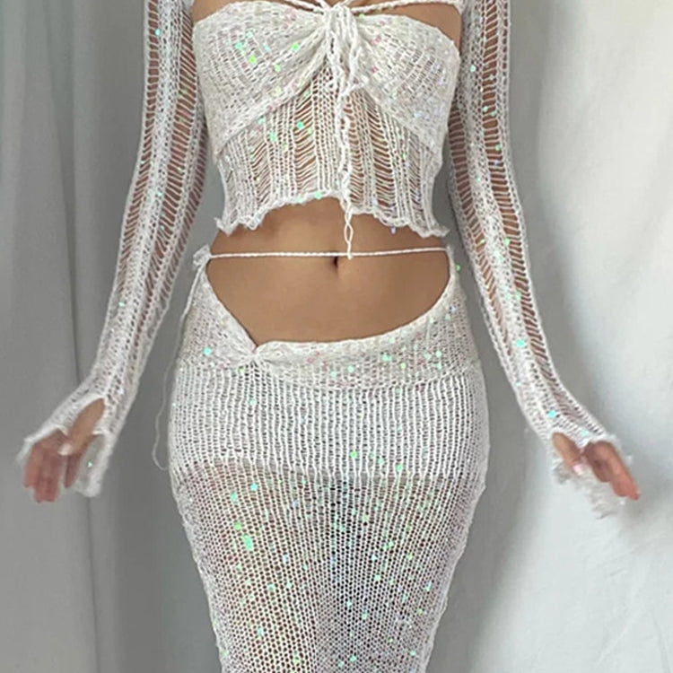 ASHORE SHOP Sequins Knitted Hollow Out Two Piece Set