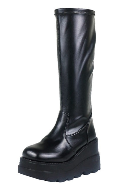 Punk Biker Boots Sexy Buckle Womens winter high boots Leather Block Heel Gothic Black Punk Style Platform Shoes